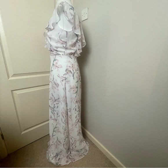 Warehouse Size 10 Frill Wrap Button Maxi Dress Floral Pink White Bridesmaid Chic - Picture 4 of 11